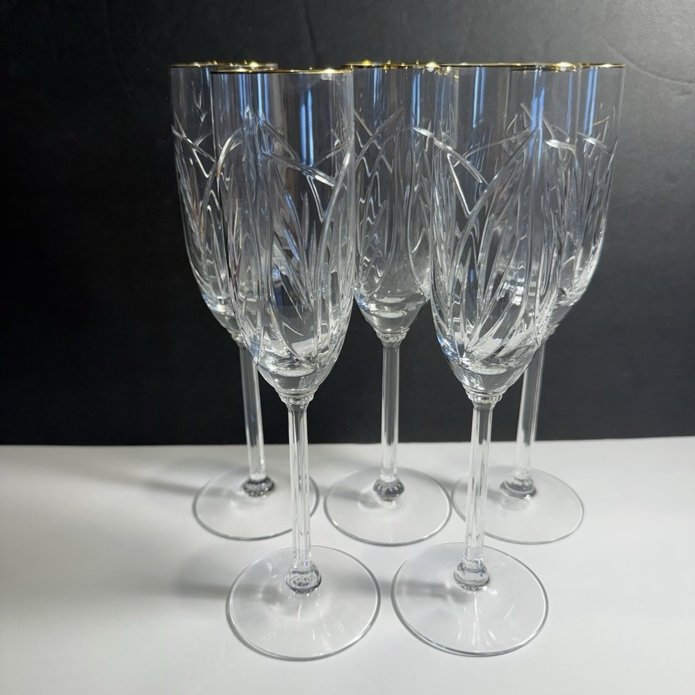 Lenox Meadow Gold Champagne Flutes Set of 5 Gold Rim Crystal 9"